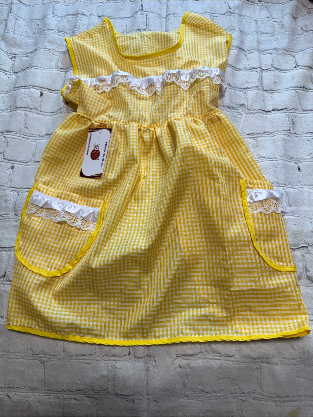 Pet Warrior Dog yellow gingham custom dress. Halloween costume